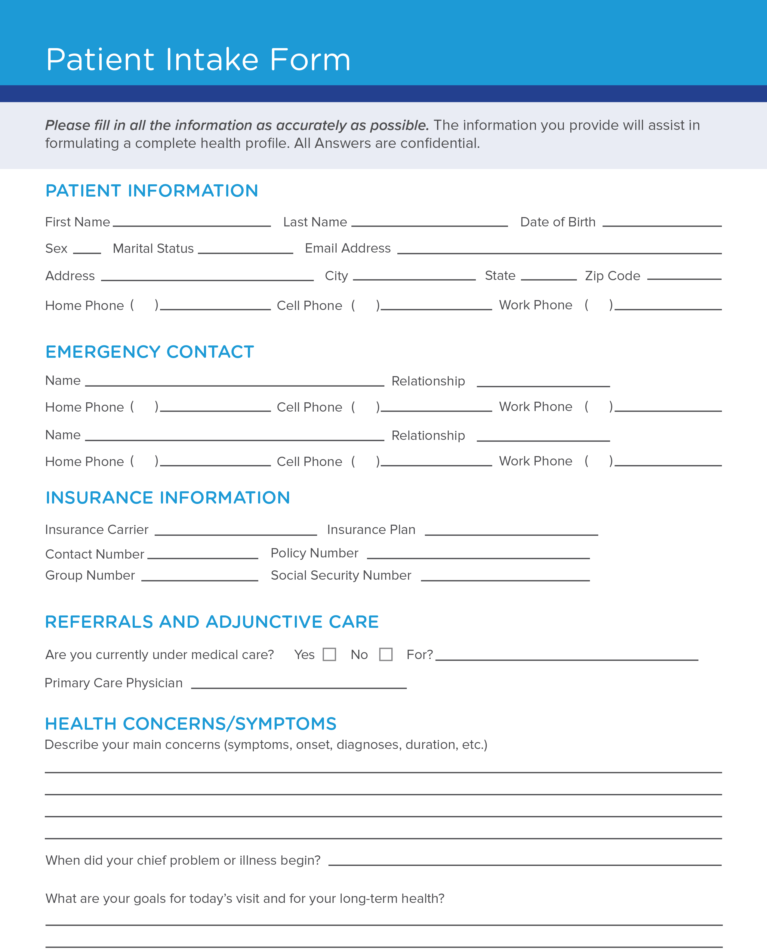 Free Patient Intake Medical Form Template Continuum